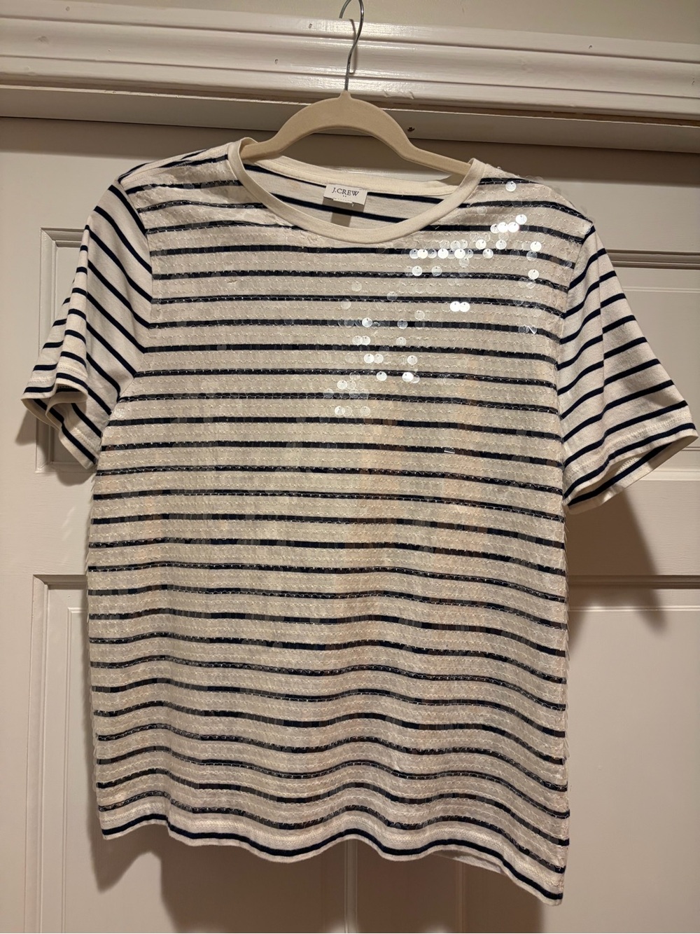 J. Crew Cream Tee with Navy Stripes and Sequin Detail